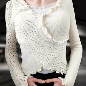 Women's Coquette Wool Knit Sweater White Long Sleeve Winter Casual Frilled Top